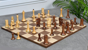 Combo Of Minimalist Soviet-Style Chess Pieces In Sheesham & Boxwood - 3.7” King With Minimalist Walnut Maple Wooden Chess Board Matte Finish