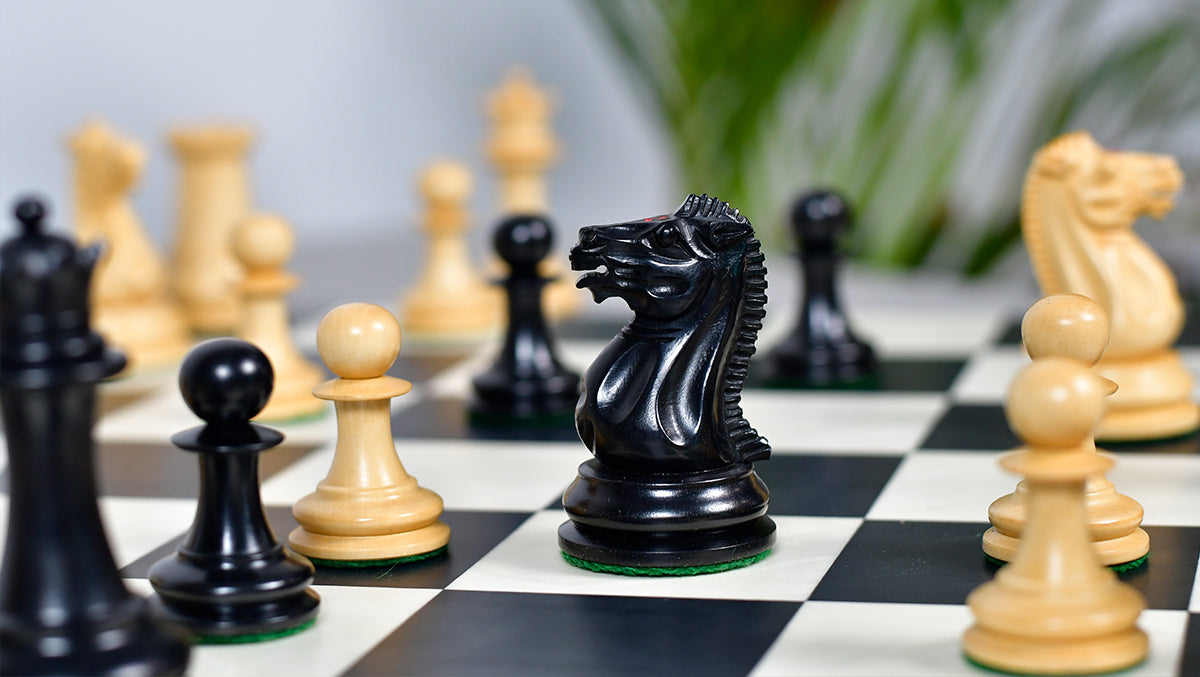 1849 Original Staunton Pattern Wooden Heavy Chess Pieces in Ebony / Boxwood with King Side Stamping - 3.75" King