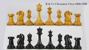 Reproduced B & Co 1860s Antique Chess Pieces in Ebony / Antiqued Box wood - 3.9" King