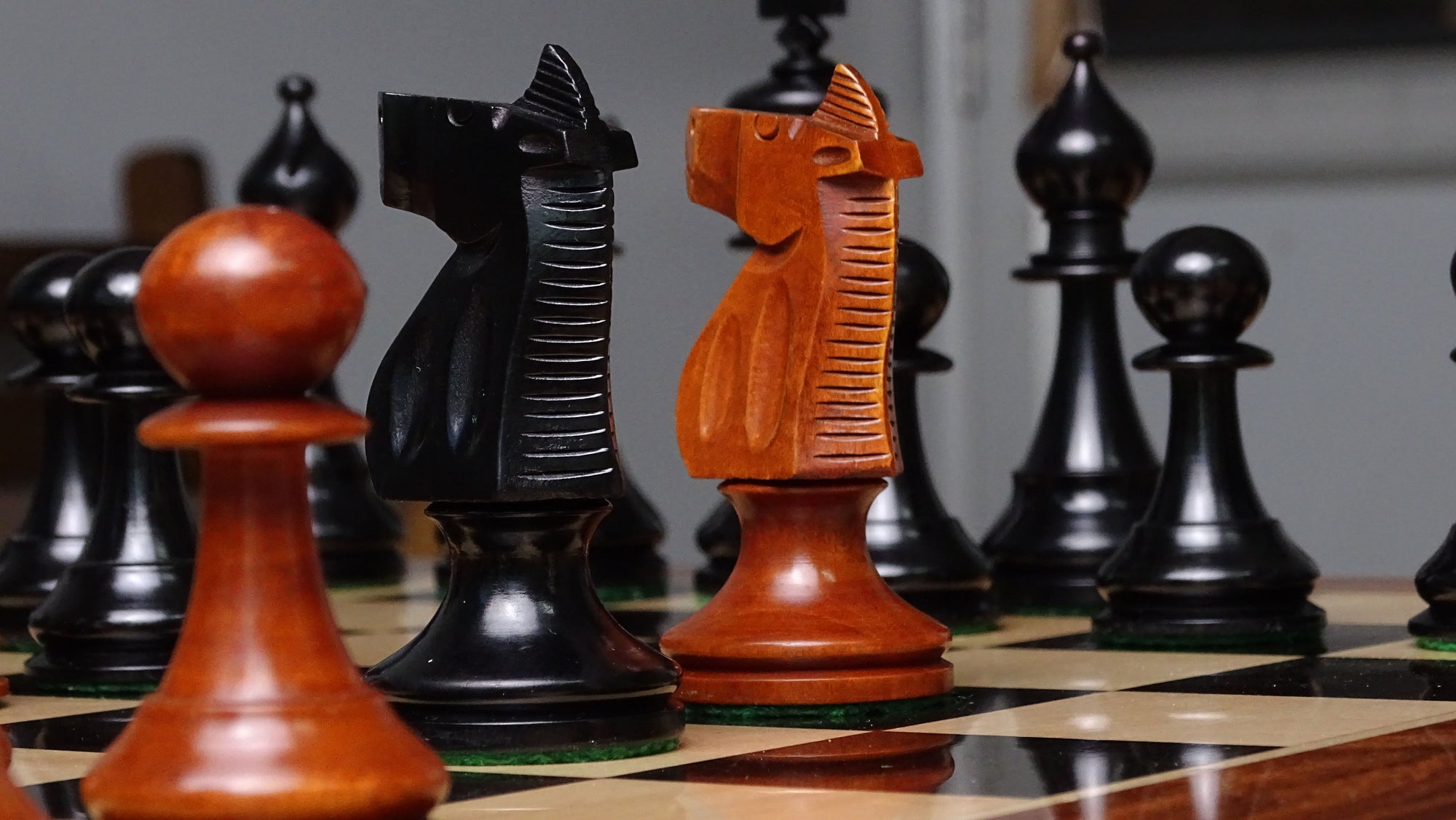 The 1973 Philippines Repro International Tournament Chess Pieces in 4.2 Inch King Ebonized & Antique Boxwood - 1350 Grams
