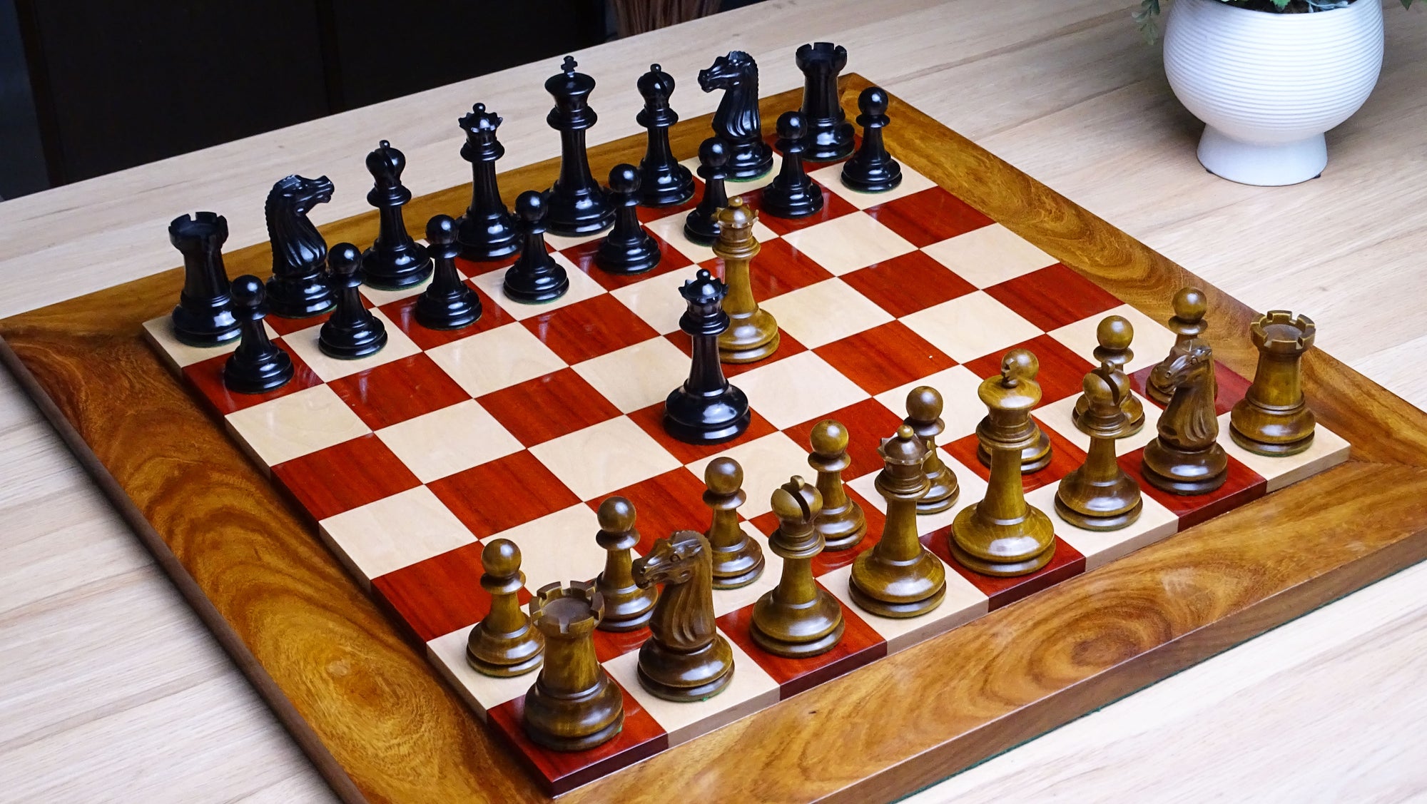 Circa 1887 Turner Teich Soviet-Staunton Style Weighted 4" Chess Pieces in Ebony & Antiqued Boxwood - 1700 Grams Weight