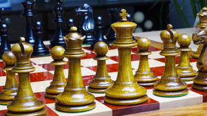 Circa 1887 Turner Teich Soviet-Staunton Style Weighted 4" Chess Pieces in Ebony & Antiqued Boxwood - 1700 Grams Weight