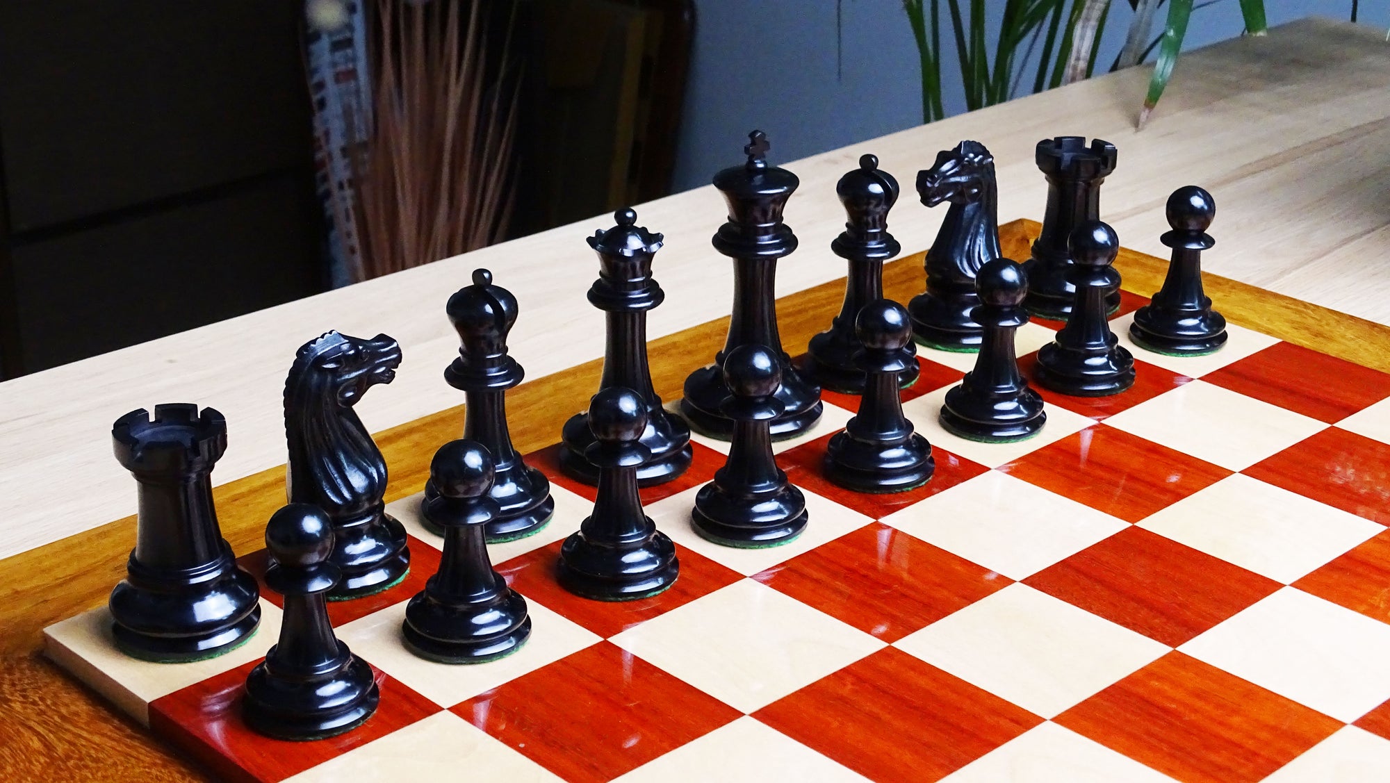 Circa 1887 Turner Teich Soviet-Staunton Style Weighted 4" Chess Pieces in Ebony & Antiqued Boxwood - 1700 Grams Weight