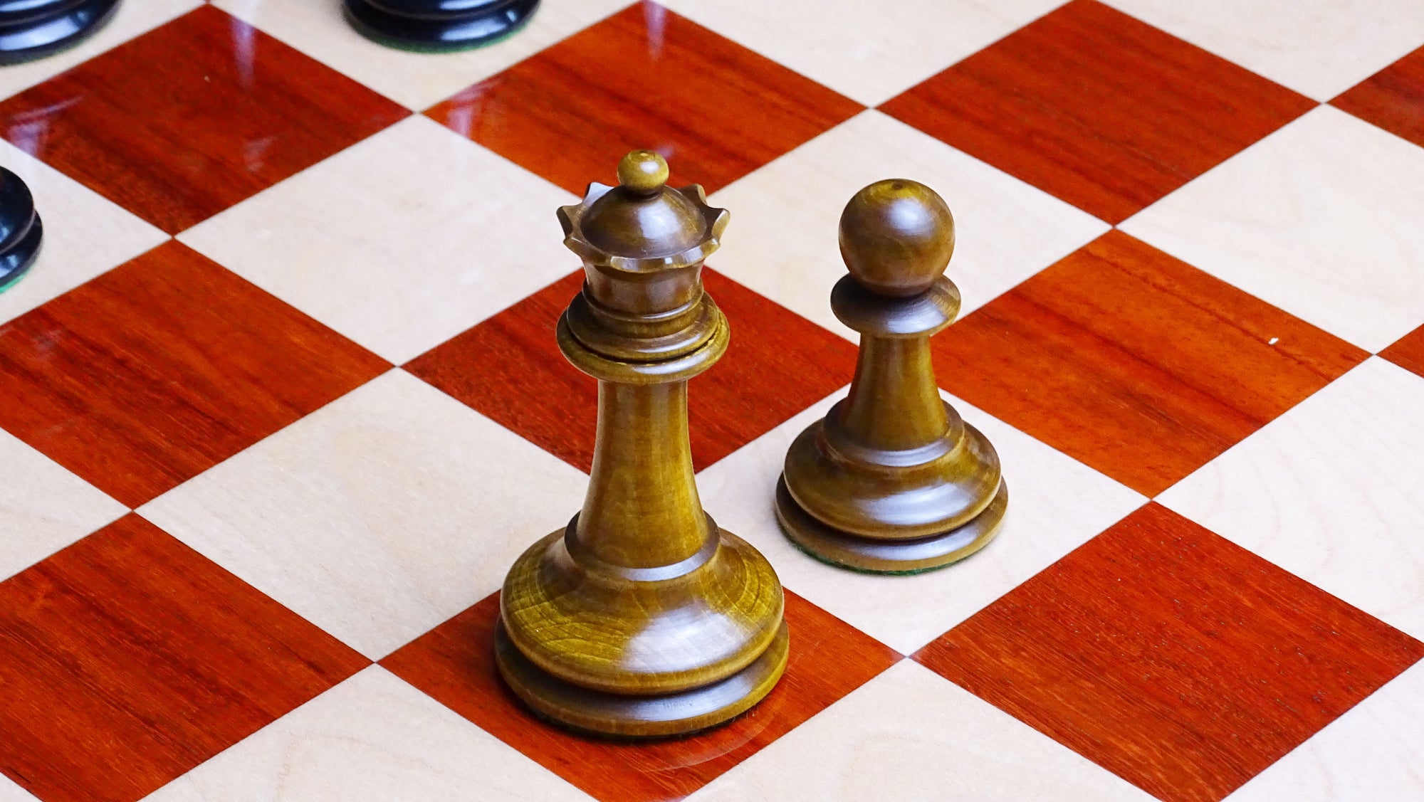 Circa 1887 Turner Teich Soviet-Staunton Style Weighted 4" Chess Pieces in Ebony & Antiqued Boxwood - 1700 Grams Weight