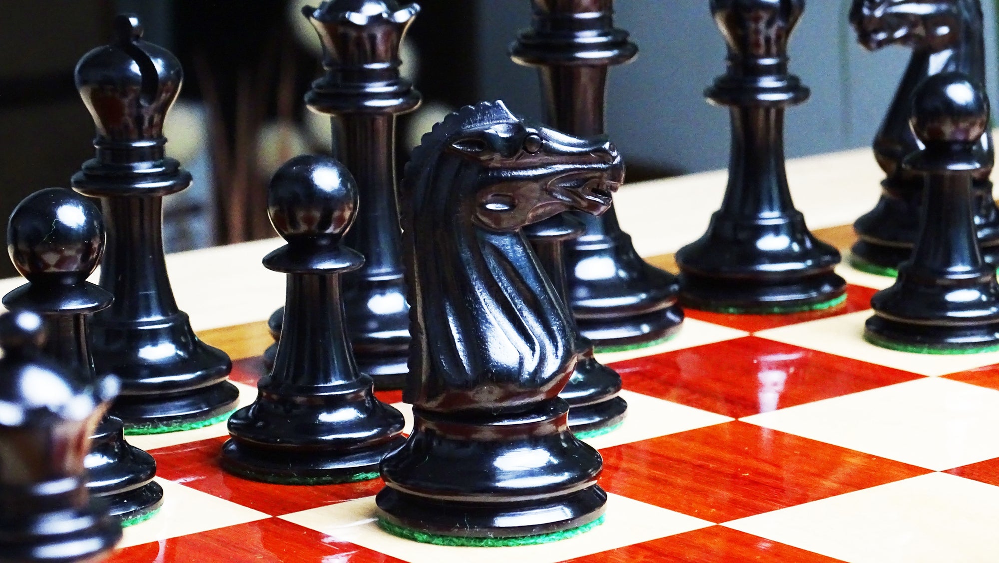 Circa 1887 Turner Teich Soviet-Staunton Style Weighted 4" Chess Pieces in Ebony & Antiqued Boxwood - 1700 Grams Weight