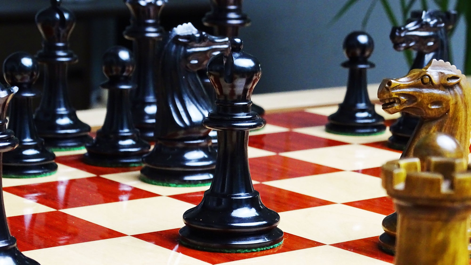 Circa 1887 Turner Teich Soviet-Staunton Style Weighted 4" Chess Pieces in Ebony & Antiqued Boxwood - 1700 Grams Weight