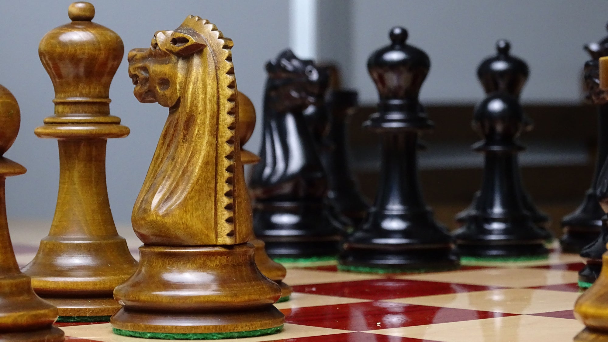 Circa 1887 Turner Teich Soviet-Staunton Style Weighted 4" Chess Pieces in Ebony & Antiqued Boxwood - 1700 Grams Weight