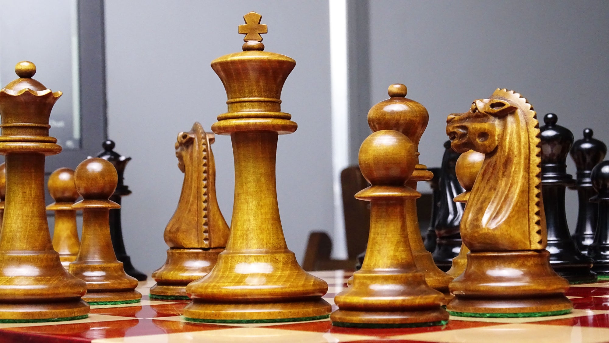 Circa 1887 Turner Teich Soviet-Staunton Style Weighted 4" Chess Pieces in Ebony & Antiqued Boxwood - 1700 Grams Weight
