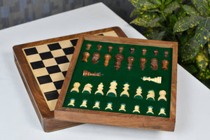 Magnetic 12-Inch Travel Chess Set Drawer Storage in Matte Finish - Genuine Ebony Wood w/ Extra Queens