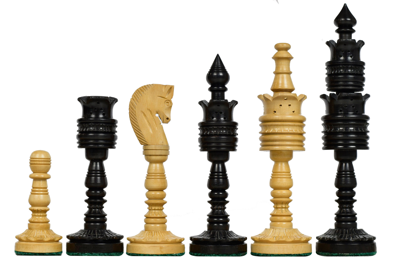 Lotus Series Black Pipe Shaped Chess Pieces in Ebony & Box Wood - 6.14" King