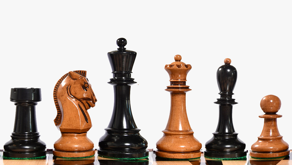 4.25" King Size Reproduced 1950 Dubrovnik Bobby Fischer Weighted Chess Pieces Set in Genuine Ebony Wood / Distressed Antique Wood