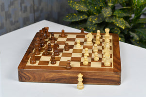 Drawer Storage 12-Inch Travel Magnetic Chess Set in Matte Finish - Sheesham Wood w/ Extra Queens