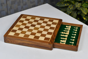 Drawer Storage 12-Inch Travel Magnetic Chess Set in Matte Finish - Sheesham Wood w/ Extra Queens