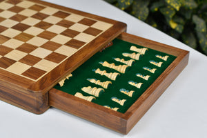 Drawer Storage 12-Inch Travel Magnetic Chess Set in Matte Finish - Sheesham Wood w/ Extra Queens