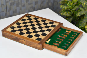 Magnetic 12-Inch Travel Chess Set Drawer Storage in Matte Finish - Genuine Ebony Wood w/ Extra Queens