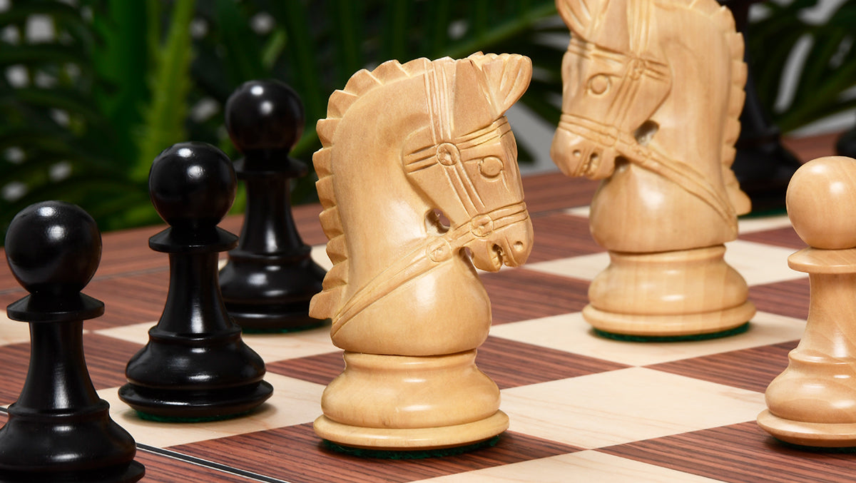 The Bridle Series Wooden Chess Pieces in Ebony & Box Wood - 3.58" King