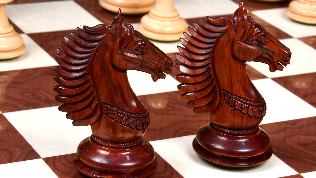 The  Mustang Series Weighted Chess Pieces in Bud Rosewood / Boxwood - 4.4" King with Extra Queens