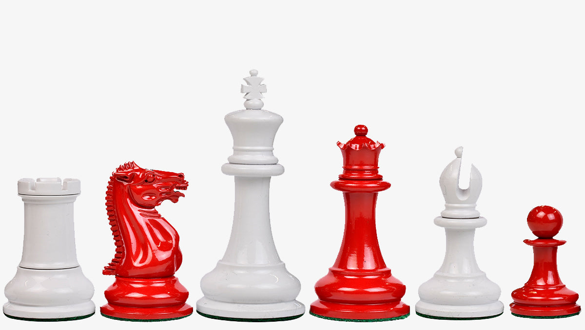 Reproduced 1849 Original Staunton Pattern Chess Pieces in Lacquer Finished Painted Crimson & Ivory White - 4.5" King