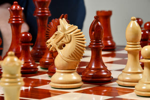 The American Bridle Triple-Weighted Chess Pieces with Extra Queen - Handcrafted in Bud Rosewood & Boxwood 4.2" King