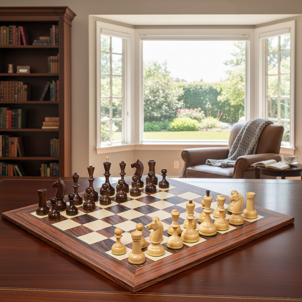 The Soviet Era 1950s' Botvinnik Tournament Weighted Chess Pieces in Sheesham & Boxwood 4.4 inch King - With Santos Palisander pr & Sycamore Chess Board