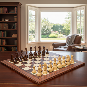 The Soviet Era 1950s' Botvinnik Tournament Weighted Chess Pieces in Sheesham & Boxwood 4.4 inch King - With Santos Palisander pr & Sycamore Chess Board