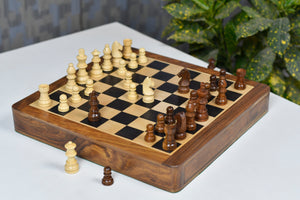 Magnetic 12-Inch Travel Chess Set Drawer Storage in Matte Finish - Genuine Ebony Wood w/ Extra Queens