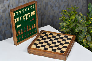 Magnetic 12-Inch Travel Chess Set Drawer Storage in Matte Finish - Genuine Ebony Wood w/ Extra Queens