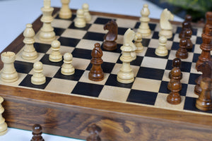 Magnetic 12-Inch Travel Chess Set Drawer Storage in Matte Finish - Genuine Ebony Wood w/ Extra Queens