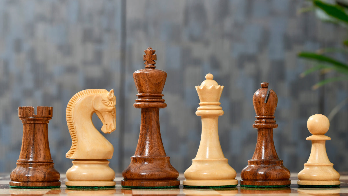 The Leningrad Club-Sized Wooden Chess Pieces in Sheesham Wood (Golden Rosewood) & Boxwood- 4.0" King