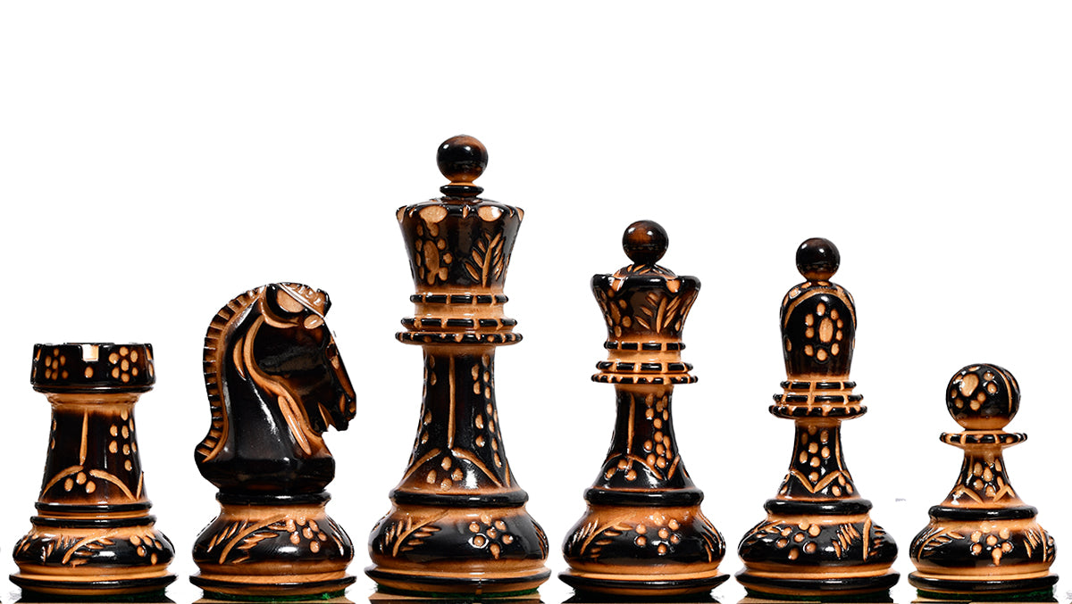 1950 Reproduced Dubrovnik Bobby Fischer Chessmen Version 3.0 in Lacquer Finished Burnt & Natural Box Wood - 3.7" King