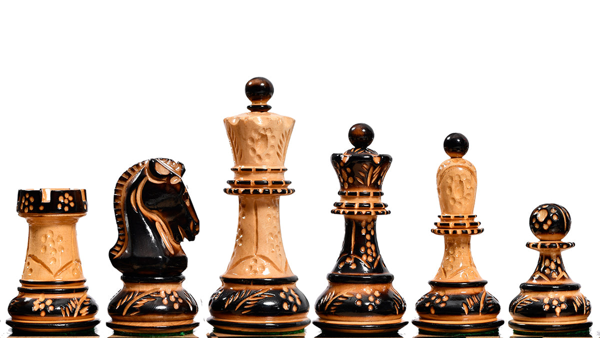 1950 Reproduced Dubrovnik Bobby Fischer Chessmen Version 3.0 in Lacquer Finished Burnt & Natural Box Wood - 3.7" King
