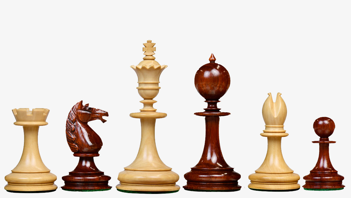 Reproduced 3.5" King Size William Hamlett Wooden Chess Pieces in Bud Rosewood / Boxwood