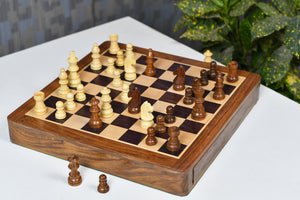 12-Inch Travel Magnetic Chess Set with Drawer in Matte Finish - Rosewood with Extra Queens