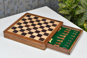 12-Inch Travel Magnetic Chess Set with Drawer in Matte Finish - Rosewood with Extra Queens