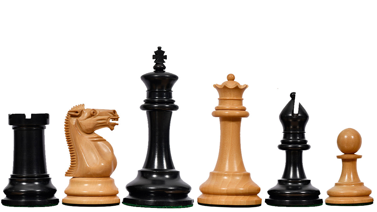 Reproduced Antique 1865-70 Steinitz Staunton Pattern Chess Pieces in Ebony / Box Wood with King Side Stamping - 3.75" King