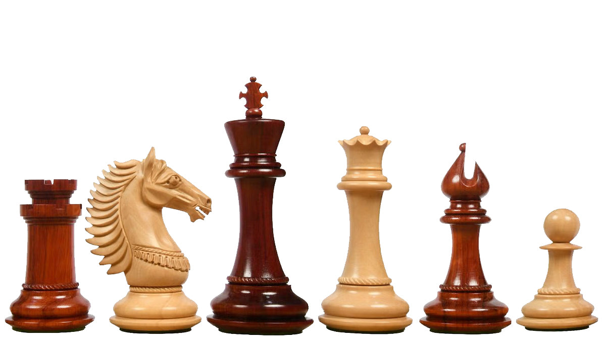 The  Mustang Series Weighted Chess Pieces in Bud Rosewood / Boxwood - 4.4" King with Extra Queens