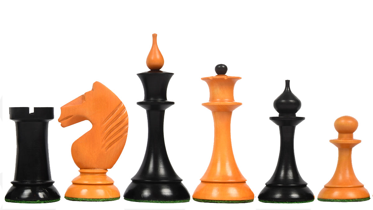 The 1950s Soviet (Russian) Latvian Reproduced Chess Pieces in Ebonized Boxwood / Antiqued Boxwood - 4.1" King
