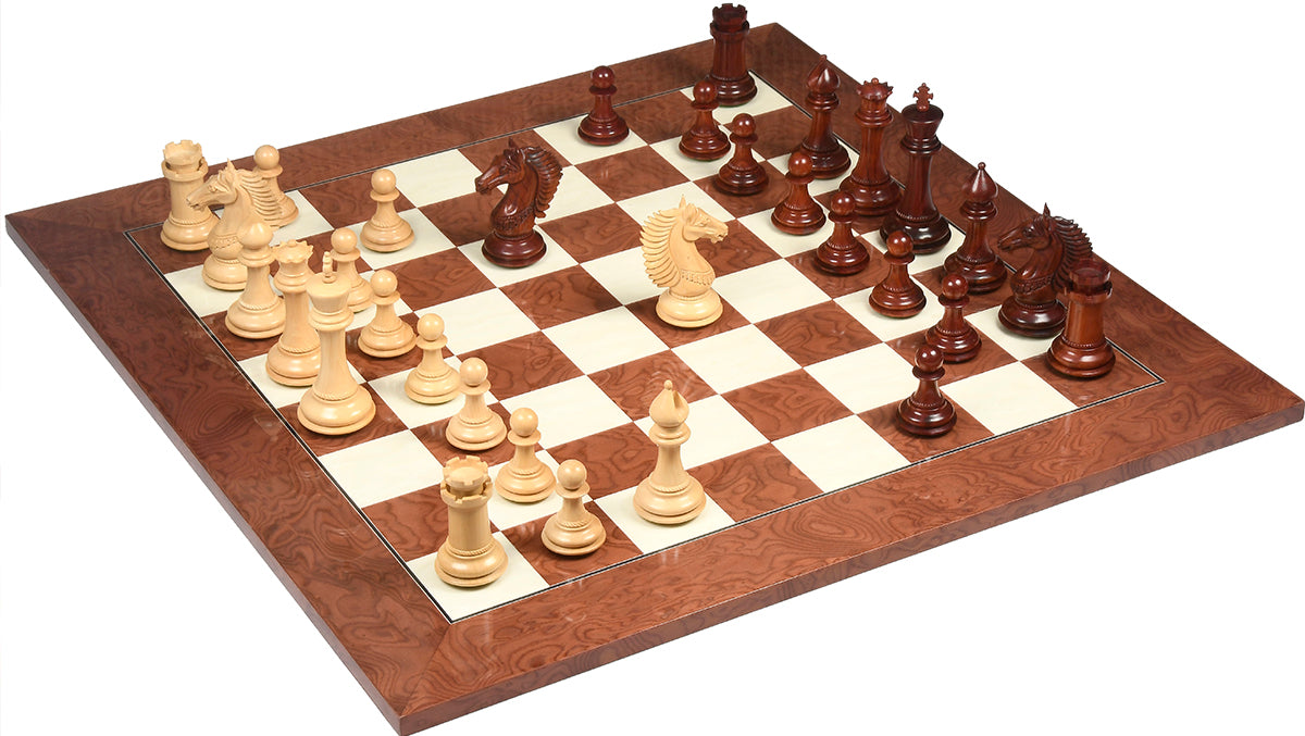 The  Mustang Series Weighted Chess Pieces in Bud Rosewood / Boxwood - 4.4" King with Extra Queens